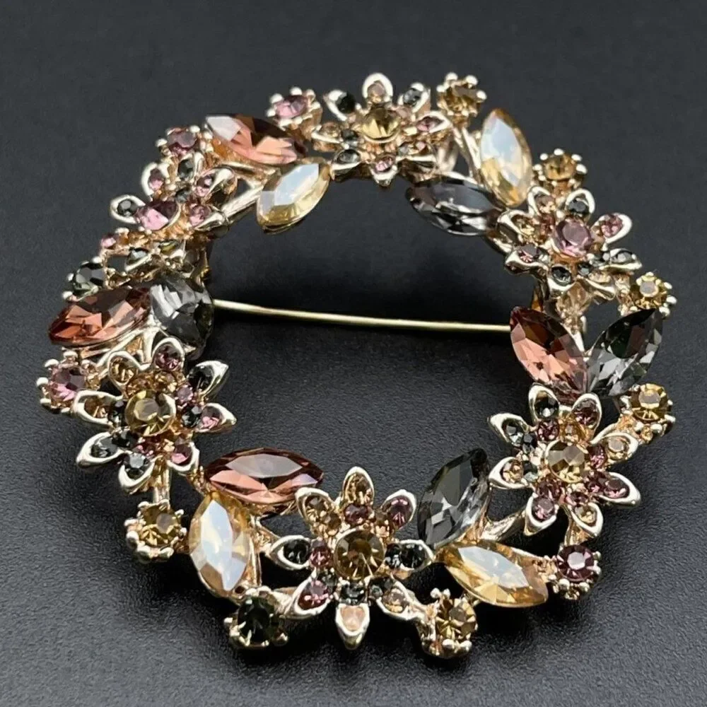 Rose Gold with Multicolored Crystal Floral Flower Leaf Wreath Pin Back Brooch